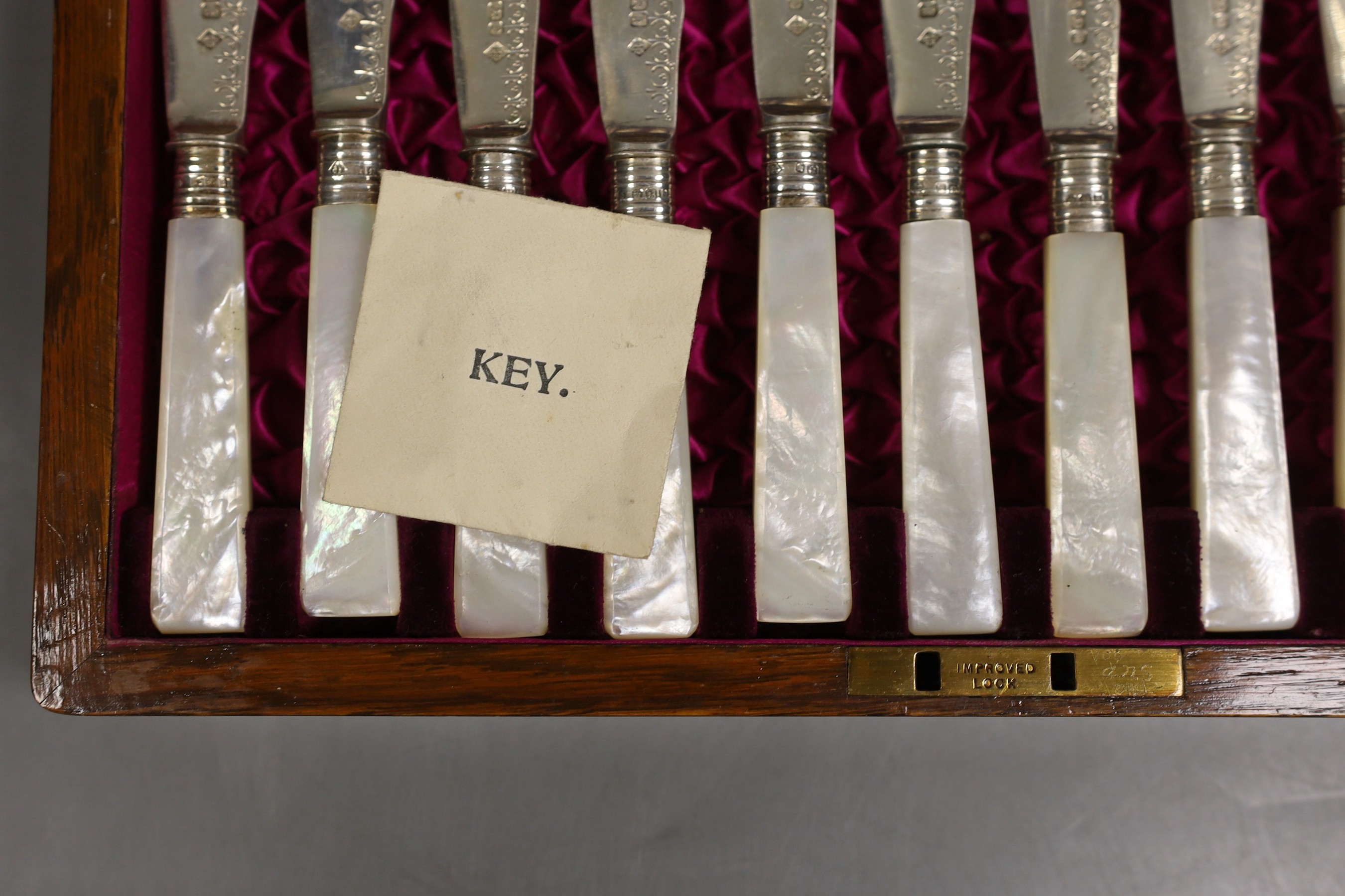 A cased set of late Victorian and later silver and mother of pearl handled dessert eaters, Martin, Hall & Co, Sheffield, 1897/19092/1903